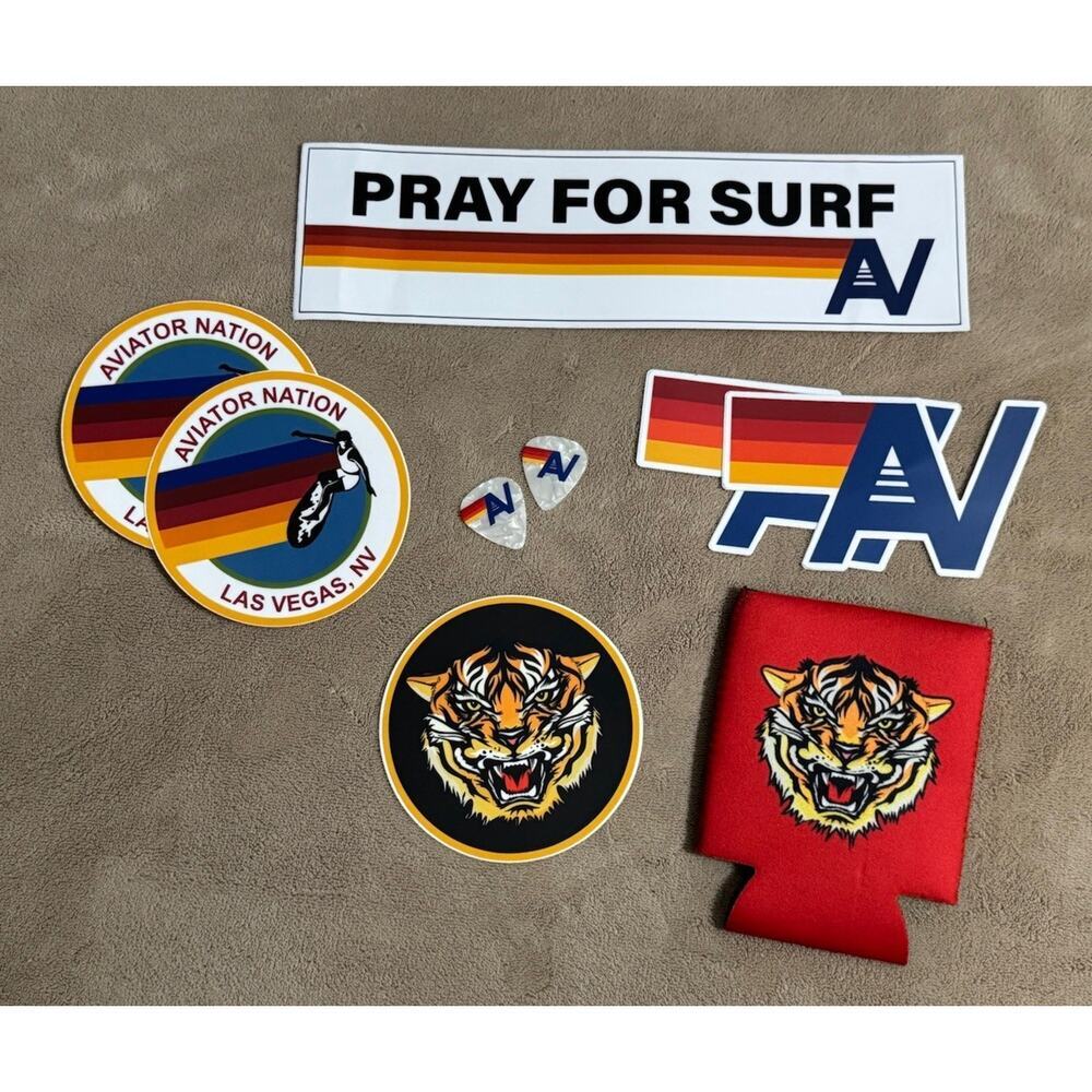 AVIATOR NATION Stickers Tiger Koozie Guitar Picks Can Cooler Retro 70s Bundle